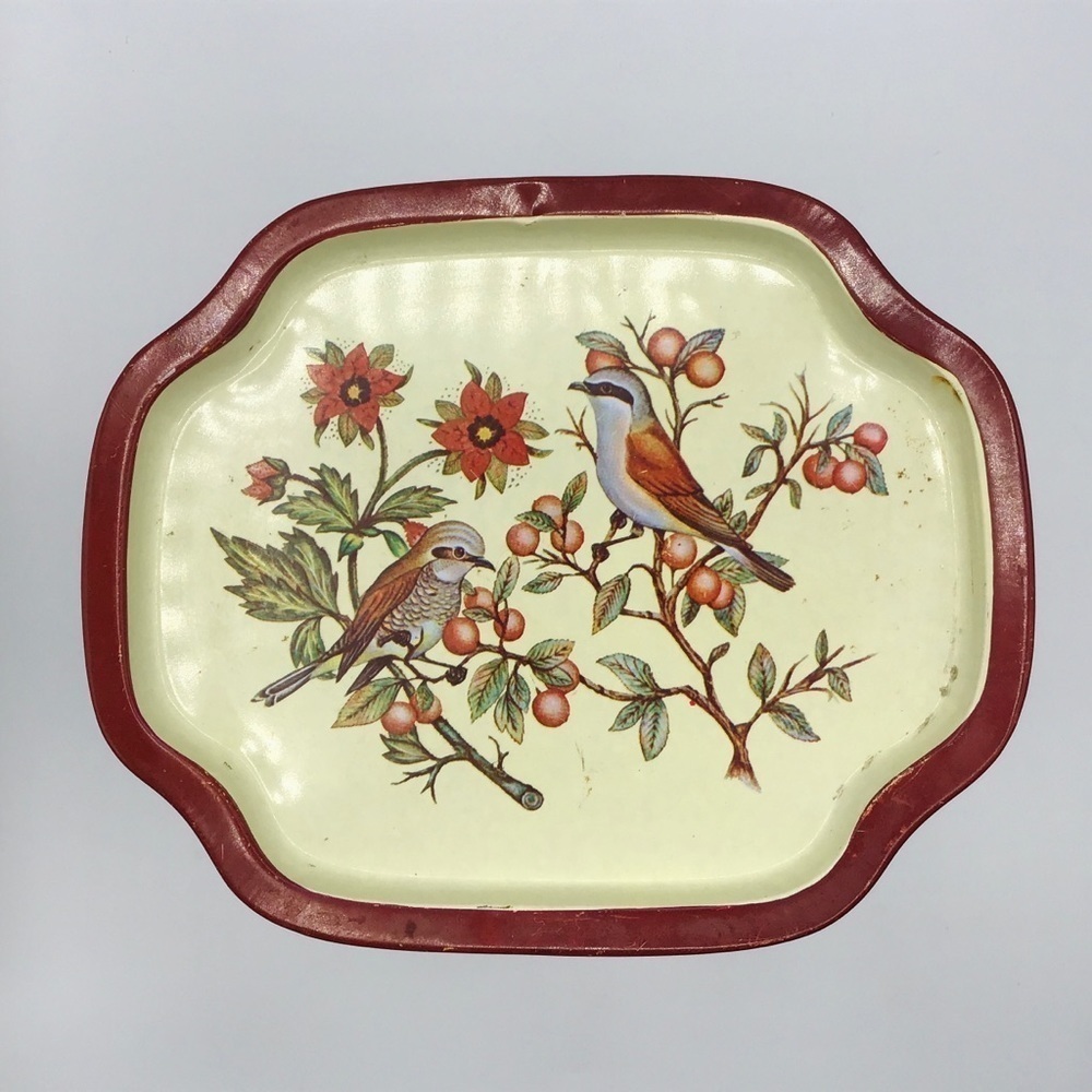 VINTAGE Small Birds Berries Trinket Tray Tin Ware Boho Floral Cottage Decor
